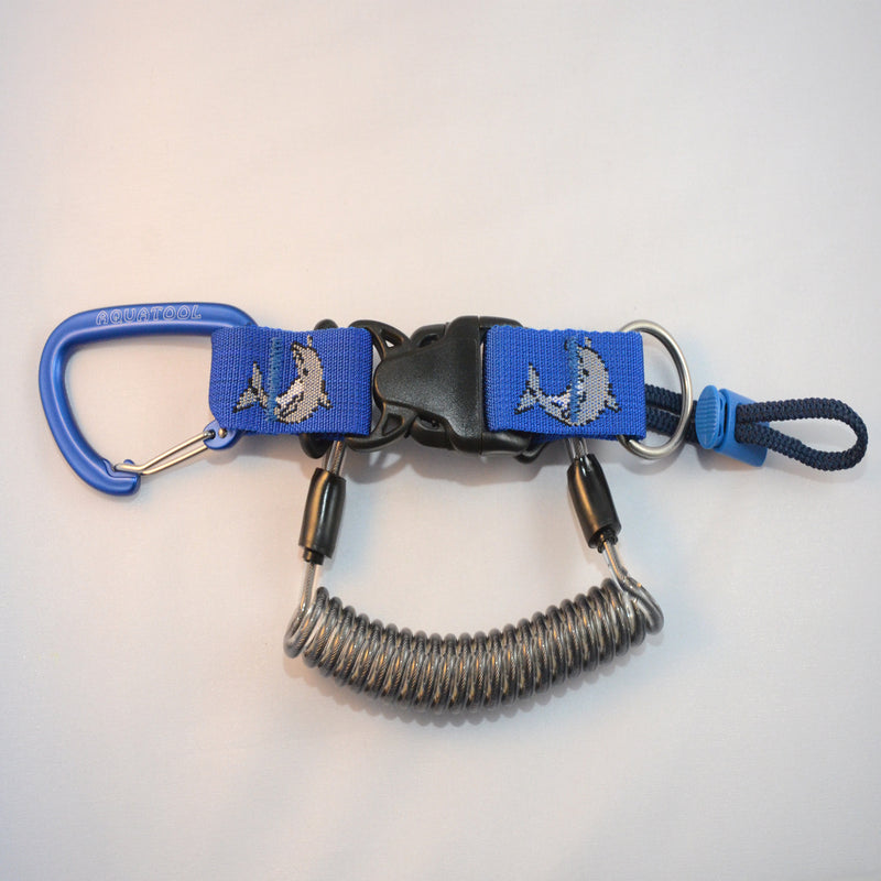 Laden Sie das Bild in Galerie -Viewer, Edelstahl Spiralkabel mit einem blauen Alu- Karabiner, Inox Splittring 32mm, Kordelschlaufe und Stopper