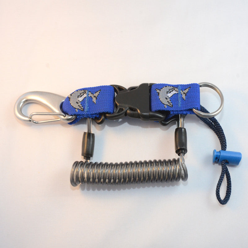 Laden Sie das Bild in Galerie -Viewer, Edelstahl Spiralkabel mit einem Inox- Karabinerhaken, Inox Splittring 32mm, Kordelschlaufe und Stopper