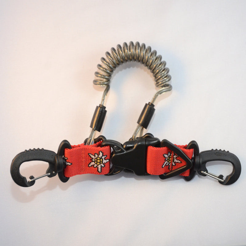 Laden Sie das Bild in Galerie -Viewer, Edelstahl Spiralkabel mit beidseitig drehbarem Kunststoff Karabiner und einseitiger Kunststoff Triangel