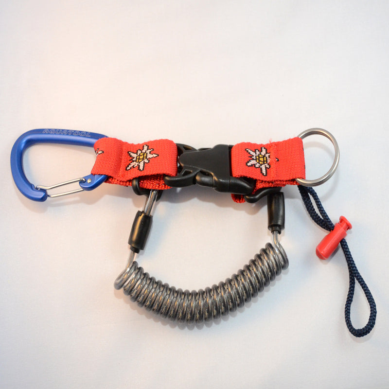 Laden Sie das Bild in Galerie -Viewer, Edelstahl Spiralkabel mit einem blauen Alu- Karabiner, Inox Splittring 32mm, Kordelschlaufe und Stopper