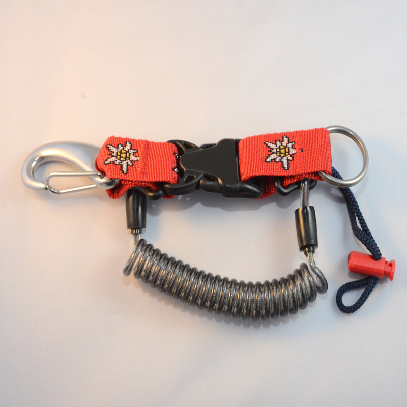 Laden Sie das Bild in Galerie -Viewer, Edelstahl Spiralkabel mit einem Inox- Karabinerhaken, Inox Splittring 32mm, Kordelschlaufe und Stopper