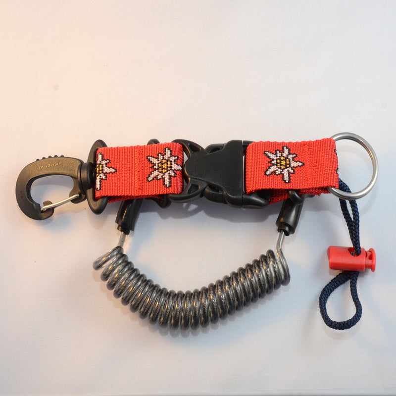 Laden Sie das Bild in Galerie -Viewer, Edelstahl Spiralkabel mit drehbarem Kunststoff- Karabiner, Inox Splittring 32mm, Kordelschlaufe und Stopper