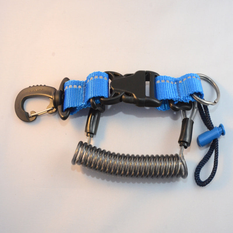 Laden Sie das Bild in Galerie -Viewer, Edelstahl Spiralkabel mit drehbarem Kunststoff- Karabiner, Inox Splittring 32mm, Kordelschlaufe und Stopper