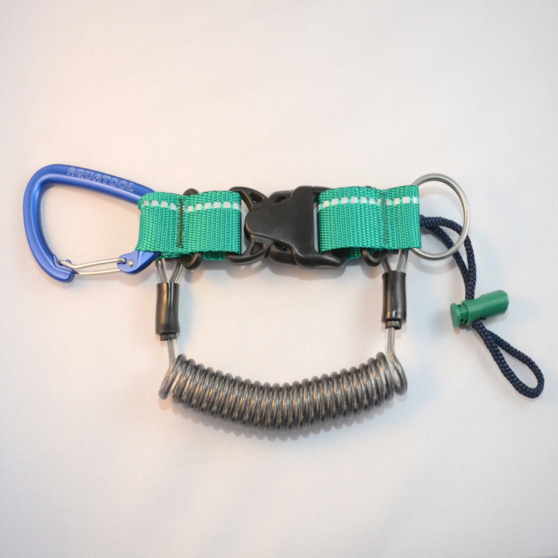 Laden Sie das Bild in Galerie -Viewer, Edelstahl Spiralkabel mit einem blauen Alu- Karabiner, Inox Splittring 32mm, Kordelschlaufe und Stopper