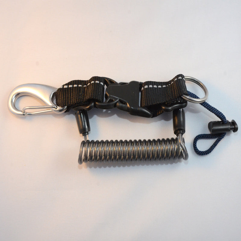 Laden Sie das Bild in Galerie -Viewer, Edelstahl Spiralkabel mit einem Inox- Karabinerhaken, Inox Splittring 32mm, Kordelschlaufe und Stopper