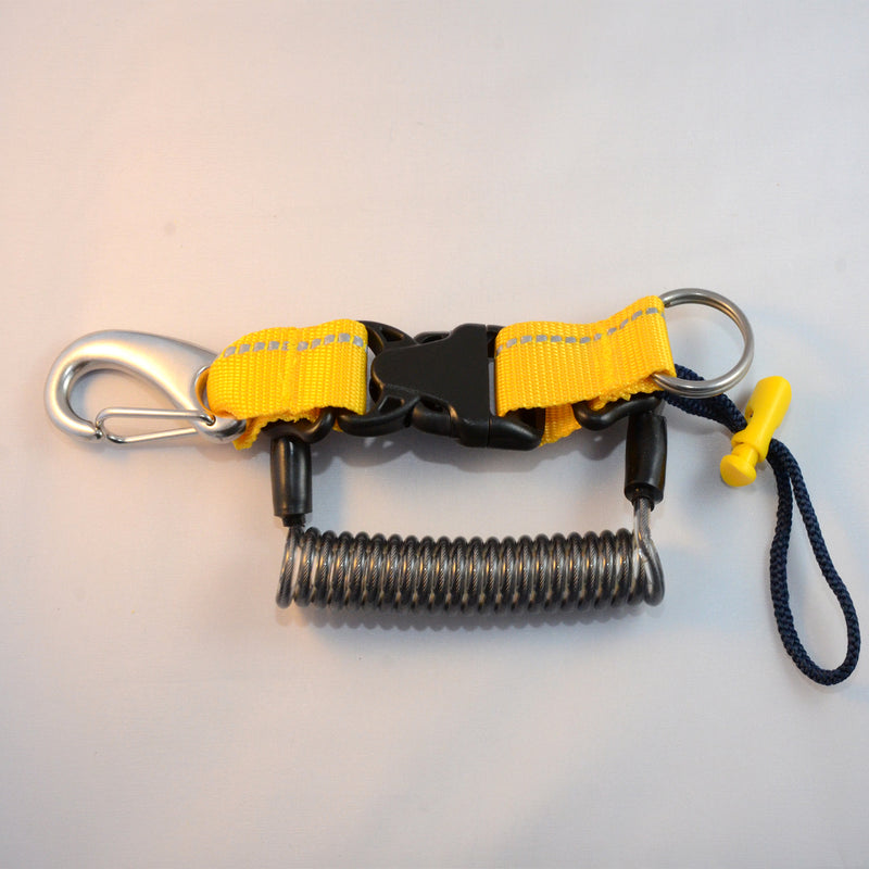 Laden Sie das Bild in Galerie -Viewer, Edelstahl Spiralkabel mit einem Inox- Karabinerhaken, Inox Splittring 32mm, Kordelschlaufe und Stopper