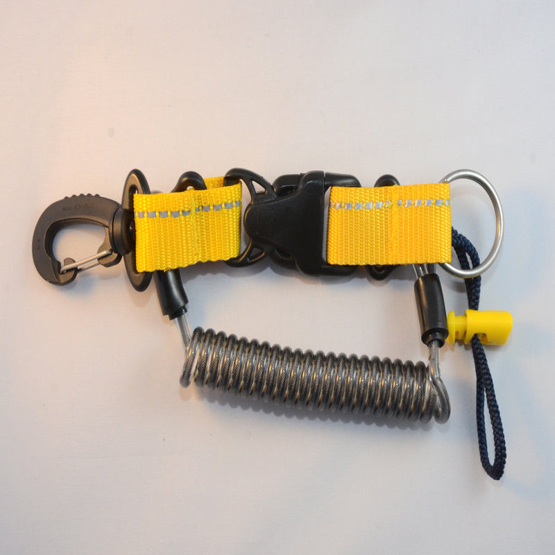 Laden Sie das Bild in Galerie -Viewer, Edelstahl Spiralkabel mit drehbarem Kunststoff- Karabiner, Inox Splittring 32mm, Kordelschlaufe und Stopper