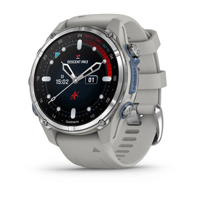 Garmin Descent™ Mk3 – 43 mm, Edelstahl mit grauem Silikonarmband