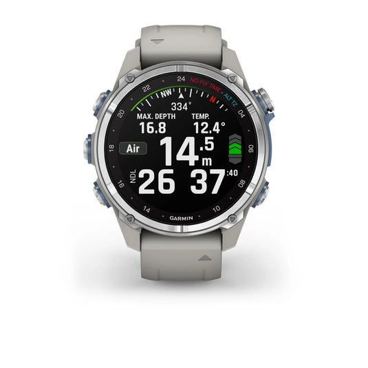 Garmin Descent™ Mk3 – 43 mm, Edelstahl mit grauem Silikonarmband