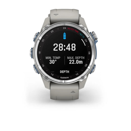 Garmin Descent™ Mk3 – 43 mm, Edelstahl mit grauem Silikonarmband